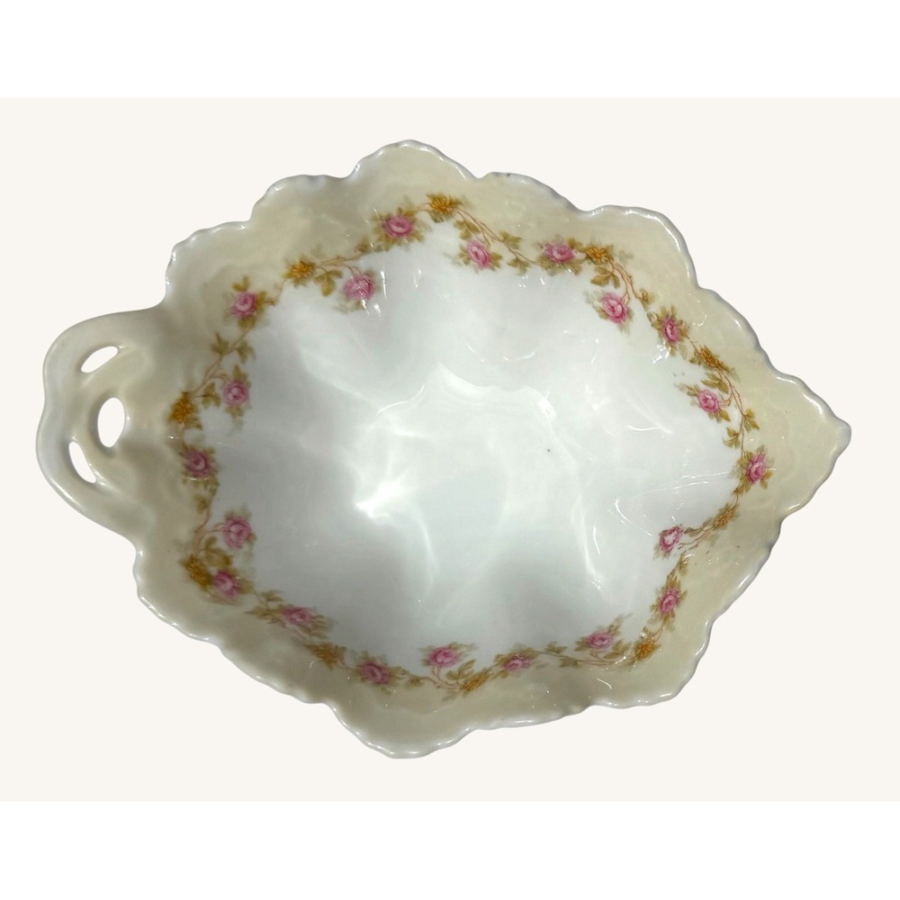 Antique MZ Austria Porcelain Trinket Dish Floral Detail Leaf Shaped 1884- 1909